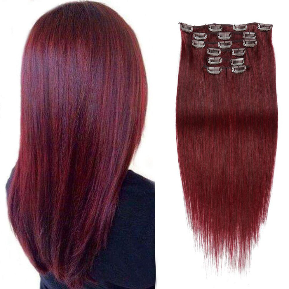 Unisex 20 Inch Clip In Human Hair Extensions 99J Straight Remy For Full Head Seamless Natural Blend
