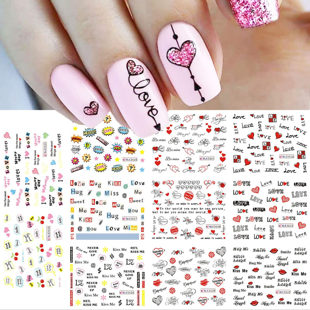 11 Sheets Valentine's Day Nail Stickers Water Transfer Romantic Love Hearts Sexy Lips for Women
