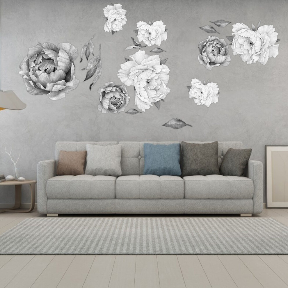 Peony Watercolor Wall Decals ( And Watercolor) - Peony Decor Flowers Home Decor Black/White
