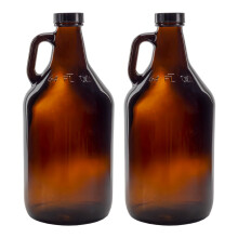 Cornucopia Brands 64oz Amber Glass Growler Jugs (2-Pack) w/Black Lids, compatible with kombucha, home brew, distilled water, cider & more