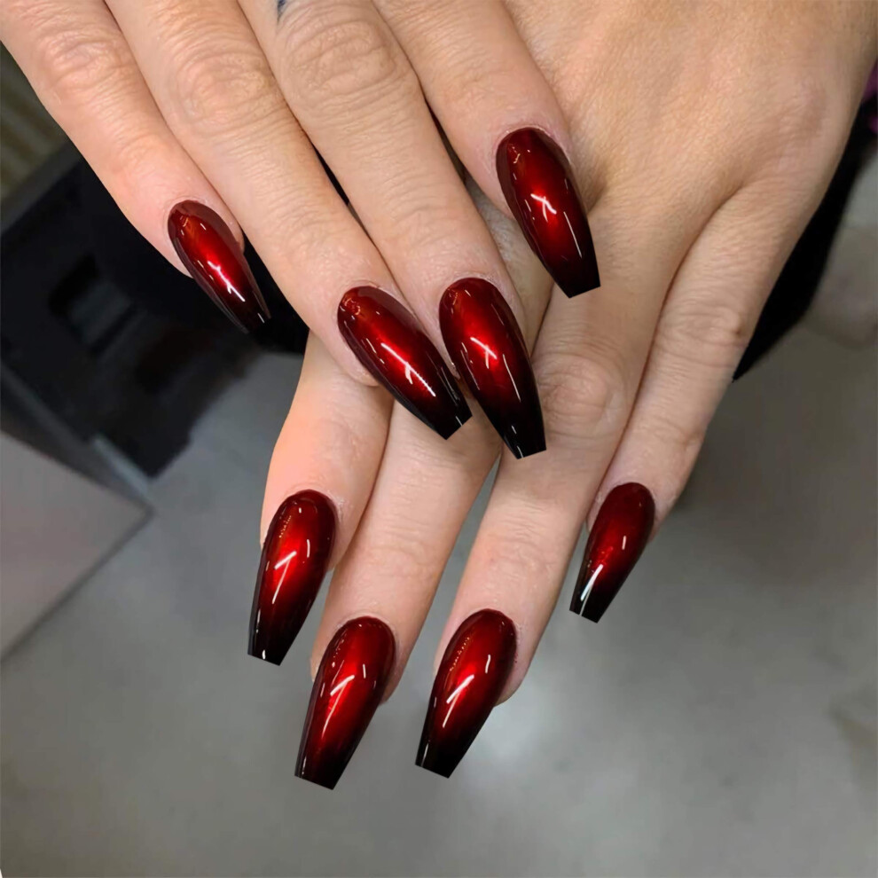 Black,Red Long Coffin Press On Nails Red And Black Gothic Ombre False Nails Set With Complete Kit 24Pcs