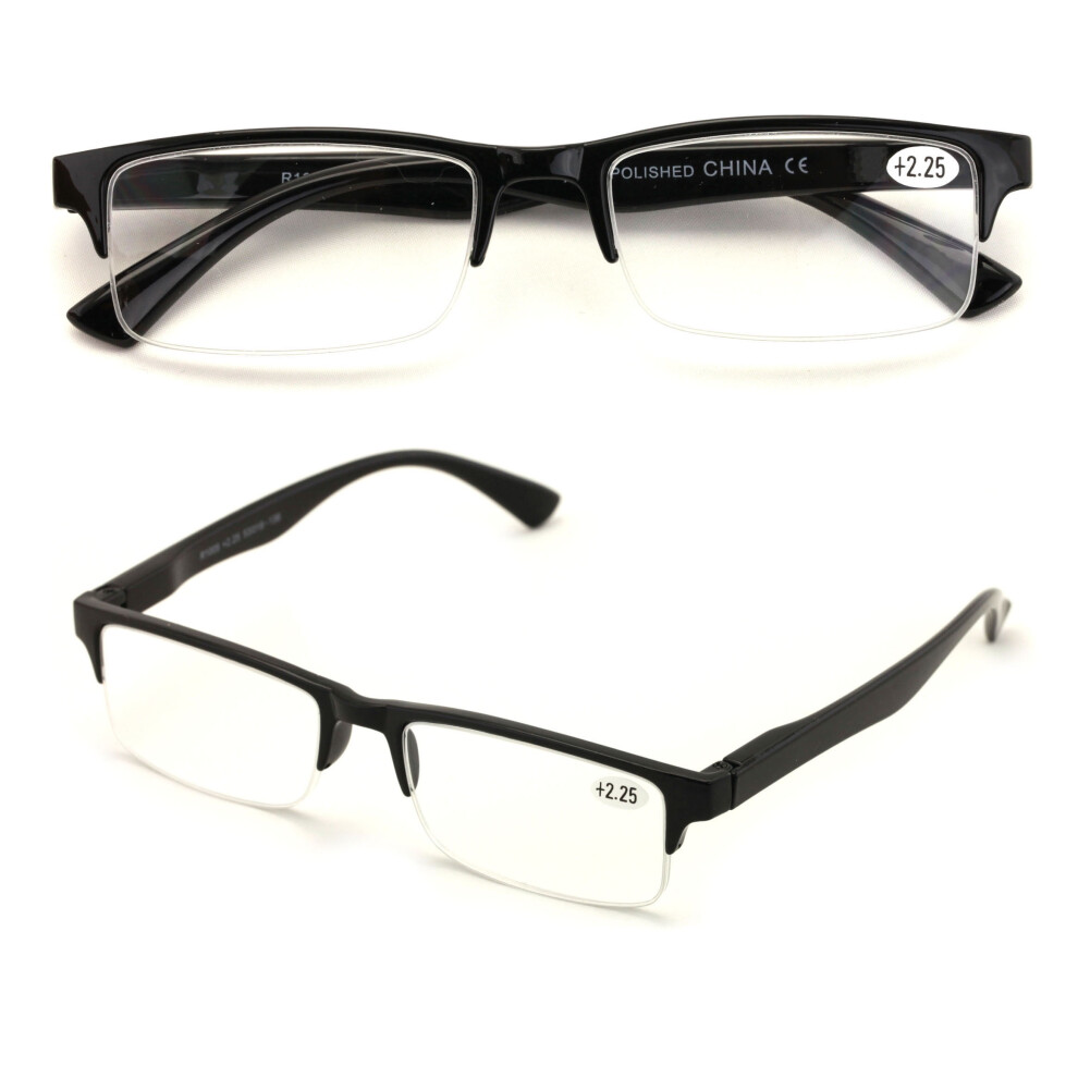 2 Pairs Rectangular Half Rim Reading Glasses - Simple Classic Readers - Spring Hinge +2.50