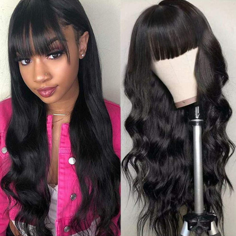 Unisex Black Brazilian Body Wave Human Hair Wig With Bangs Glueless Virgin Remy 22 Inch For Women