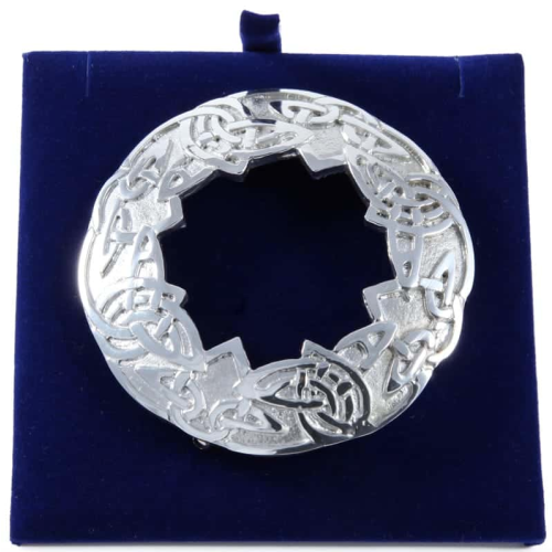 Stunning Scottish Celtic Knotwork Circular Polished Pewter Plaid Sash Brooch