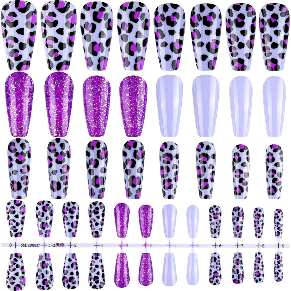 Extra Long Coffin Press on Nails 24pcs Leopard Print Fake Nail Set with Reusable Nail Sticker Kit