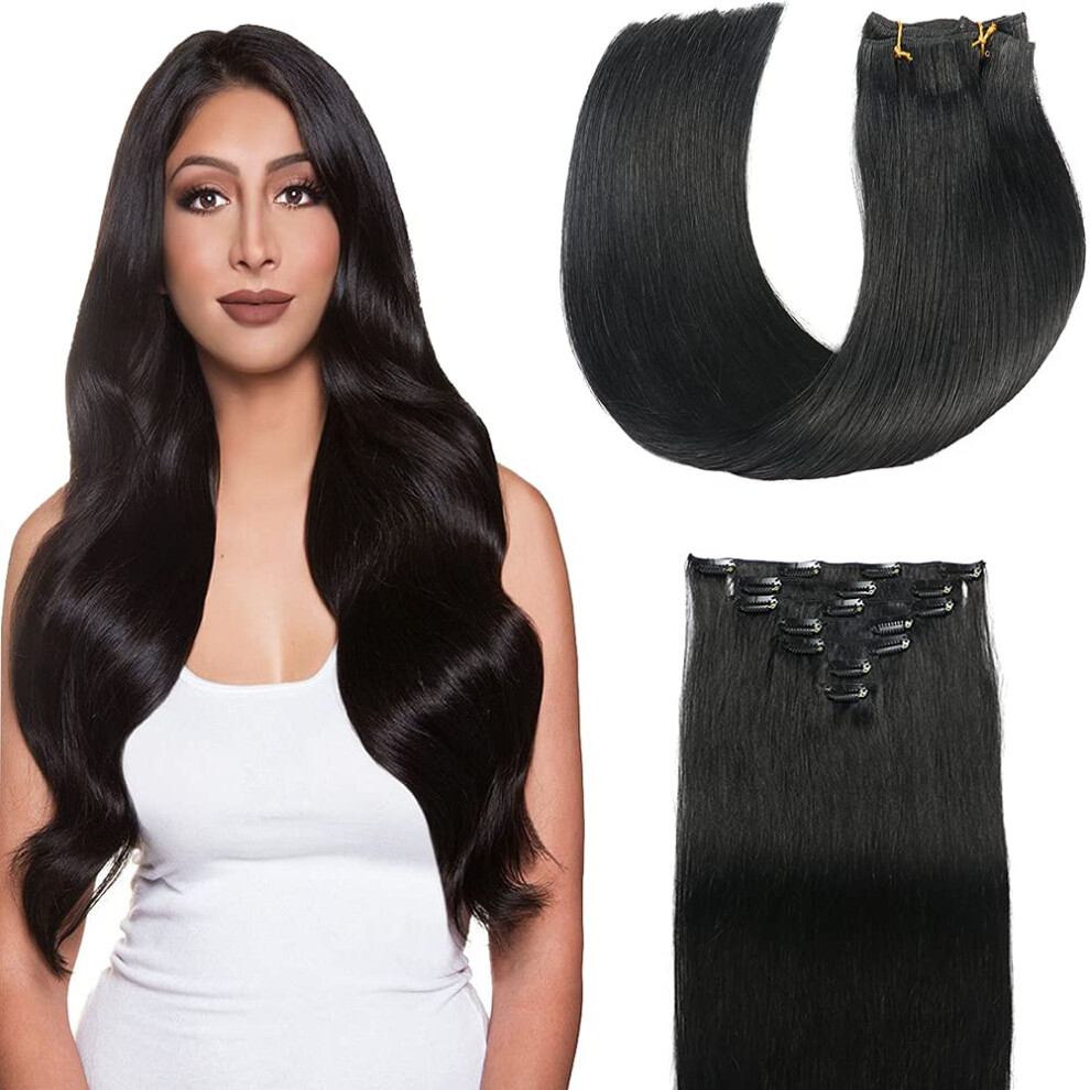 Unisex Black Clip In Hair Extensions Remy Human Hair 10 Inch Jet 7Pcs Instant Length And Volume