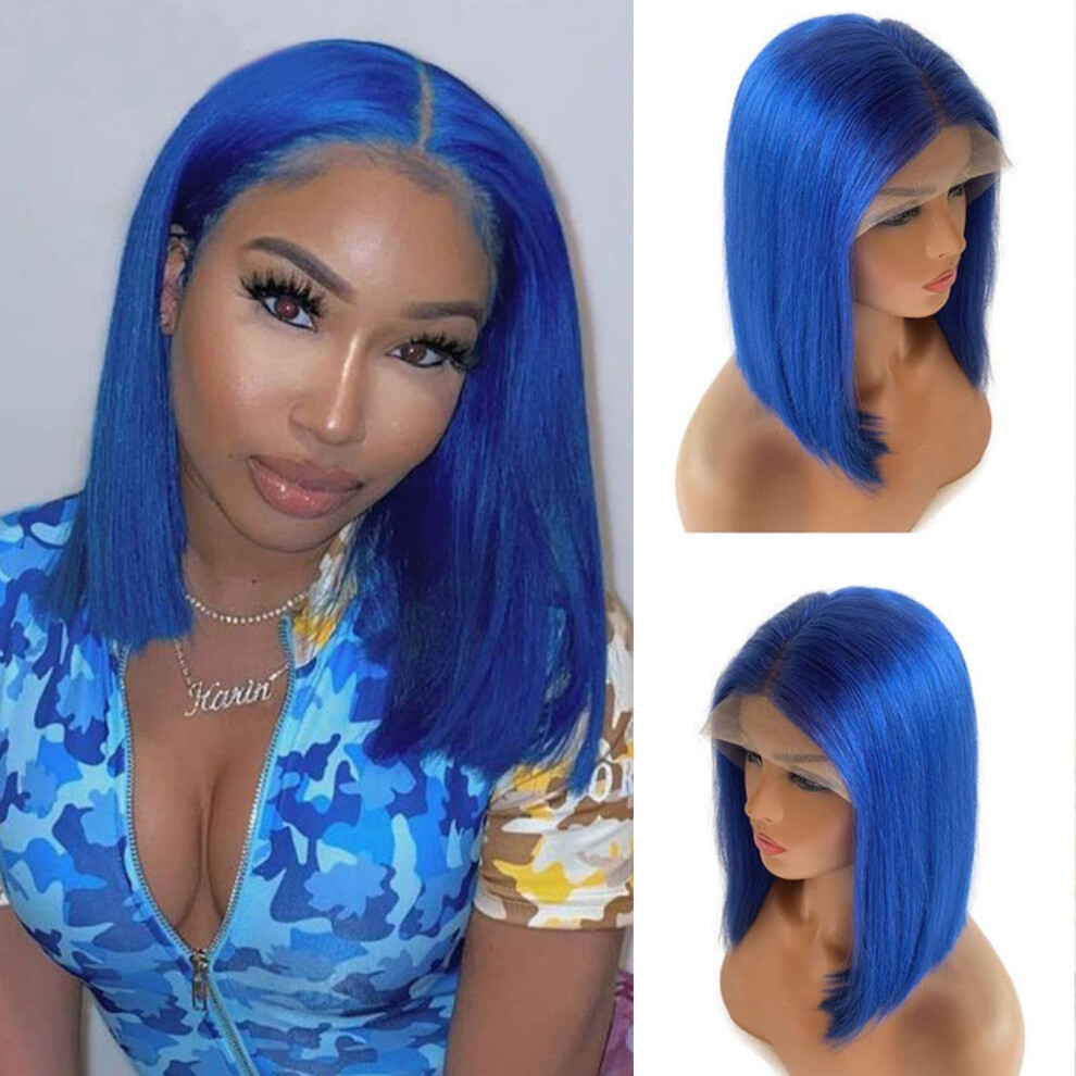 Unisex Blue,Black 12 Inch Blue Bob Human Hair Lace Front Wig, Brazilian Straight 13X4x1 Pre Plucked 180 Density For Black Women