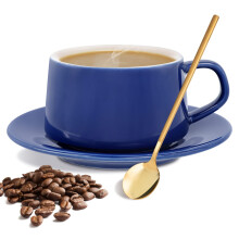 Coffee Cup and Saucer Set 7oz Ceramic with Titanium Gold Spoon Latte Cappuccino Espresso Gift Boxed
