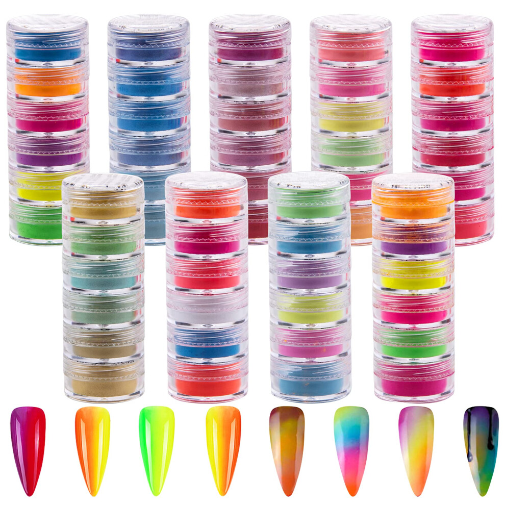 Nail Pigment Powder Set 54 Colors Fluorescent Glow and Pearl Chrome Finish for Nail Art and Crafts