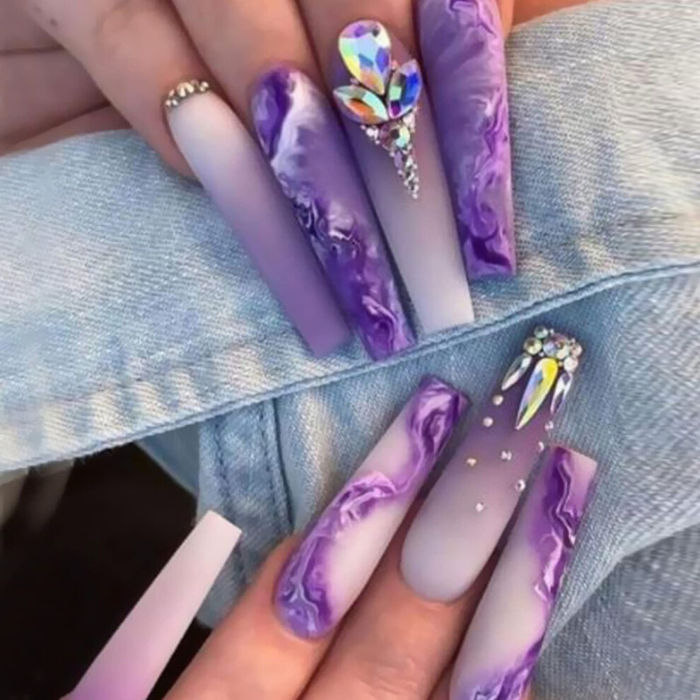 Purple Press On Nails Long Coffin With Rhinestones Gradient Acrylic Fake Nails Set For Women