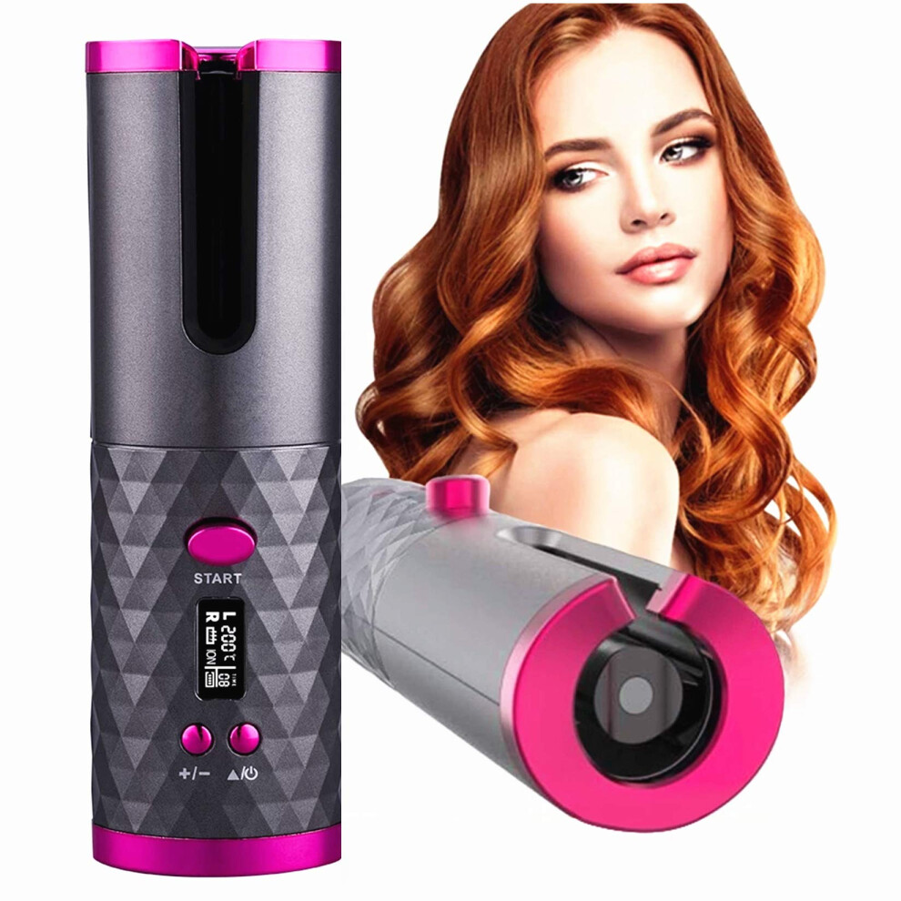 Cordless Automatic Hair Curler with LCD Display, Fast Heating Ceramic Barrel, USB Rechargeable