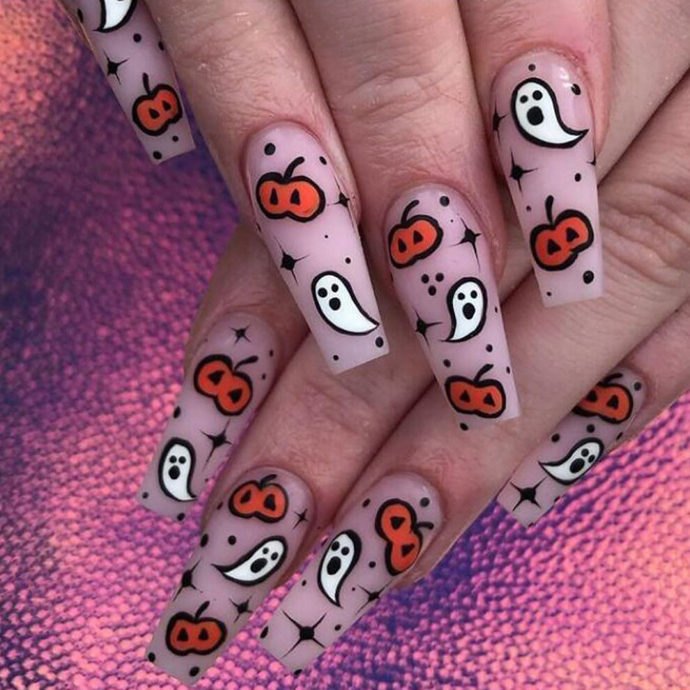 Halloween Press On Nails Medium Coffin Fake Nails with Ghost and Pumpkin Design, 24 Pcs Reusable