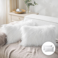 Luxury Mongolian Fluffy Faux Fur Series Square Decorative Throw Pillow Cusion for Couch, 12" x 20", True White, 2 Pack