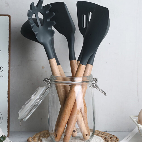 Eease Silicone Pasta Fork Wooden Handle Spaghetti Utensils Grey 1