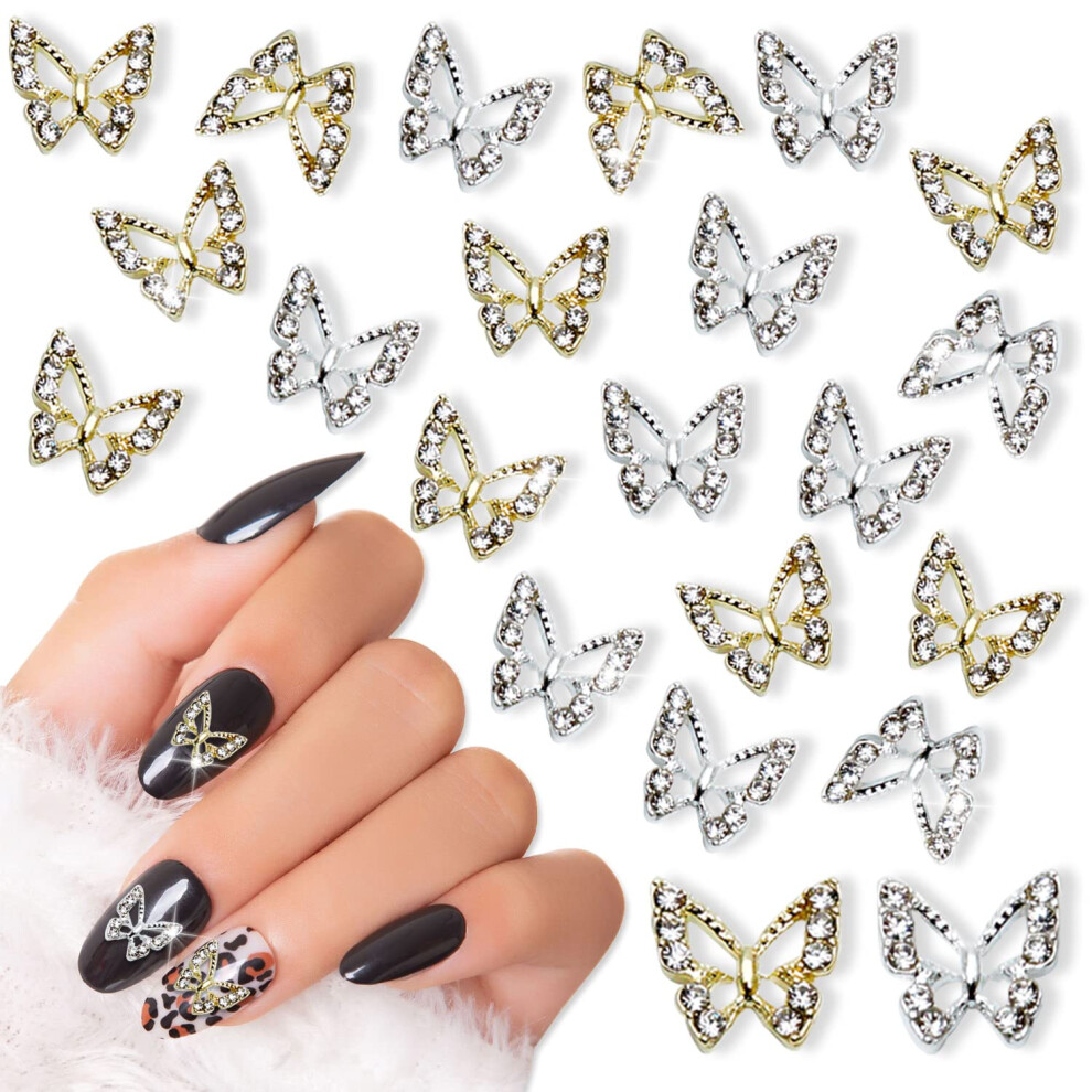 Gold/Silver 20Pcs 3D Butterfly Nail Charms With Rhinestone Crystals For Acrylic Nail Art