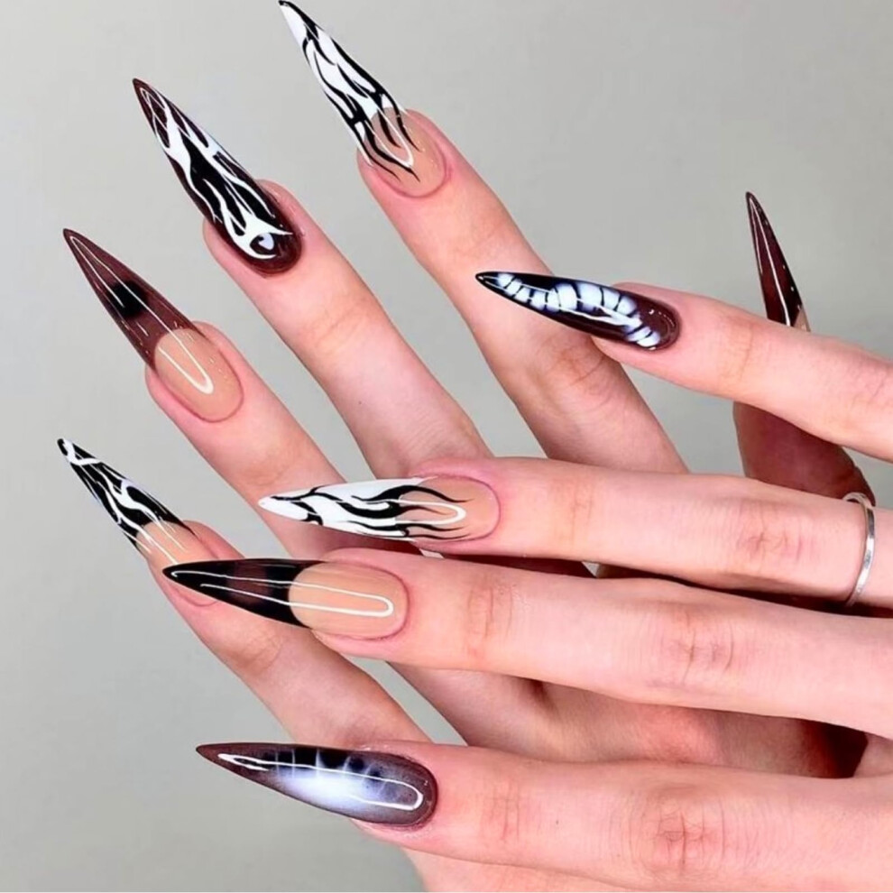 Halloween Press On Nails Long Almond Fake Acrylic Skeleton French Tip False Nails Multiple Sizes