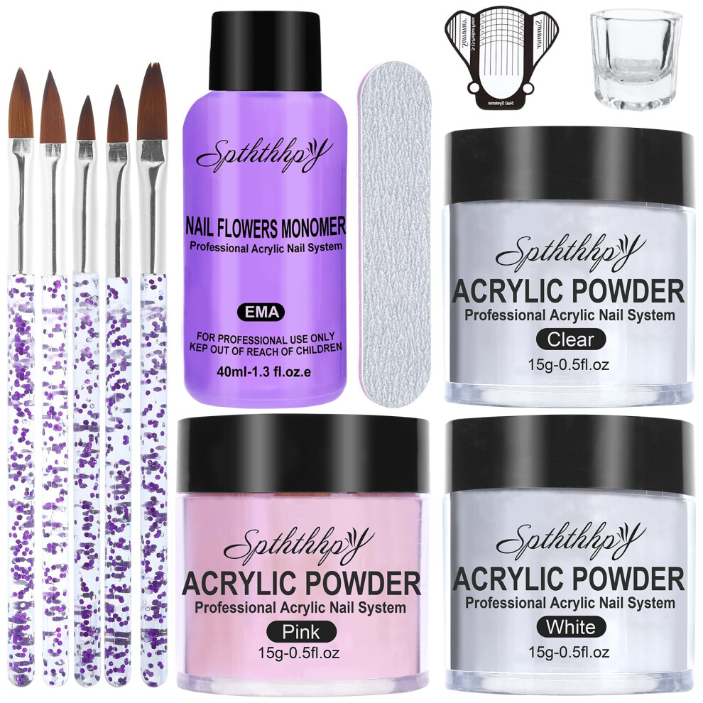 Acrylic Nail Kit with 3 Colors Acrylic Powder and 40ml Liquid Monomer, MMA, for Beginners and Pros