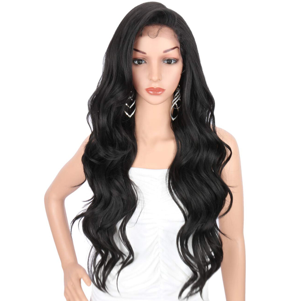 28 Inch Curly Synthetic Lace Front Wig Natural Black Body Wave Heat Resistant 130% Density