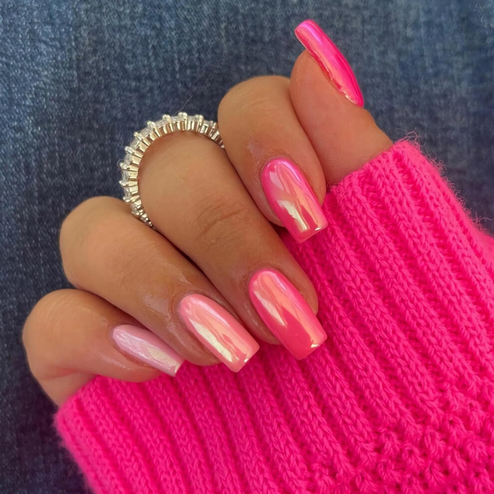 Pink Ombre Coffin Press On Nails Gradient Medium Length Acrylic False Nails Instant Salon Look