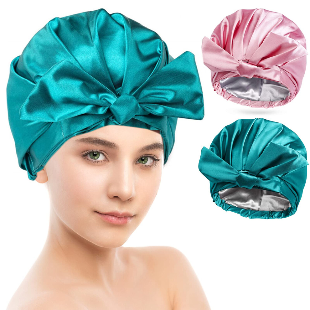 2 Pack Satin Lined Waterproof Shower Caps Extra Large Adjustable Reusable Bath Caps for Women and Kids
