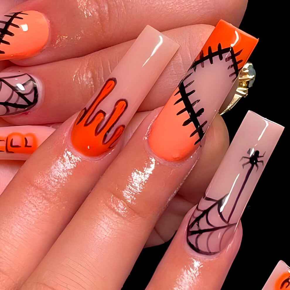 Orange Halloween Press On Nails Long Coffin Fake Nails With Spider Web Design For Instant Manicure