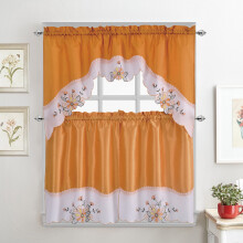 Flower Embroidered 3-Piece Kitchen Curtain Tiers & Swag Set, Orange color, 58x36 & 28x36 inches for daily life and holiday