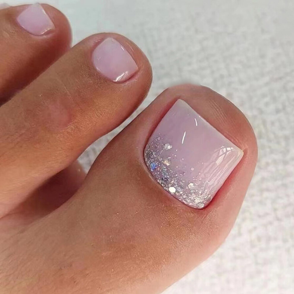 Purple 24Pcs Light Press On Toenails With Silver Glitter, Short Acrylic Fake Toenails For Women