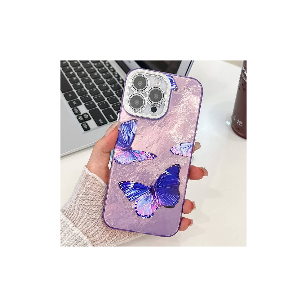 Compatible With Iphone 16 Pro Max Case With Plated Texture And Glitter Lens Protector Butterflies Hu4 Purple 9085618779631