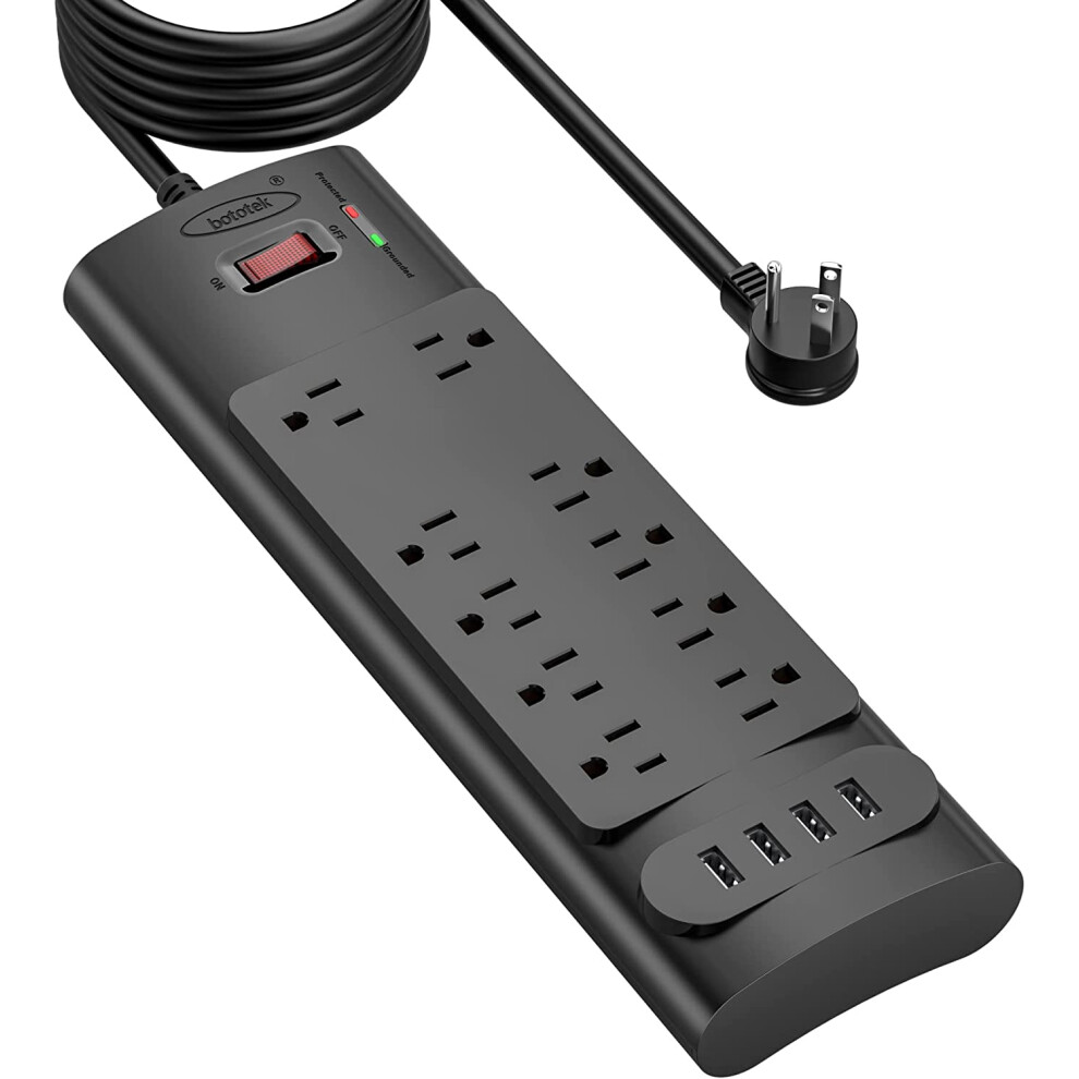Power Strip, Surge Protector With 10 Ac Outlets And 4 Usb Ports,1875W/15A, 2100 Joules, 10 Feet Flat Plug Long 9402001801692