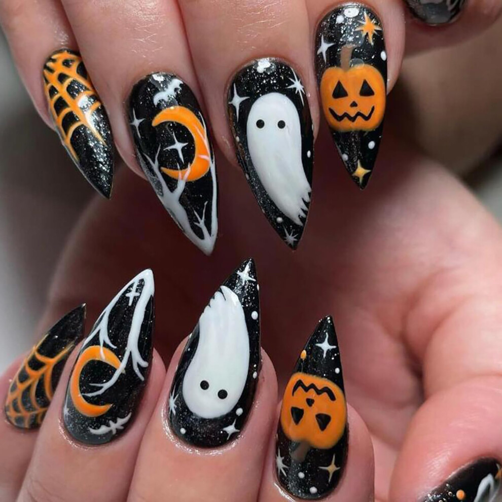 Black 24Pcs Halloween Press On Nails Long Almond Shape Ghost Spider Web Acrylic False Nails For Women