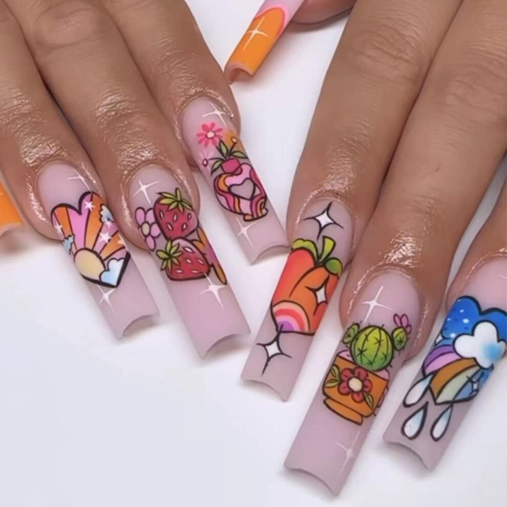 Long Matte Press On Nails with Strawberry Cactus Design, Extra Long Coffin Fake Nails Set