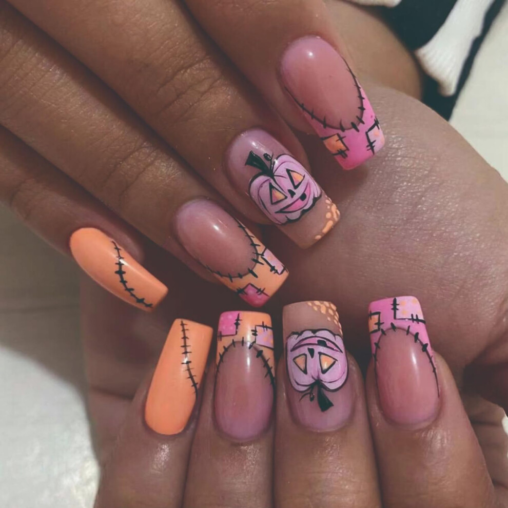 Halloween Press On Nails with Pumpkin Design, Medium Length, 24PCS Reusable False Nail Tips for Women
