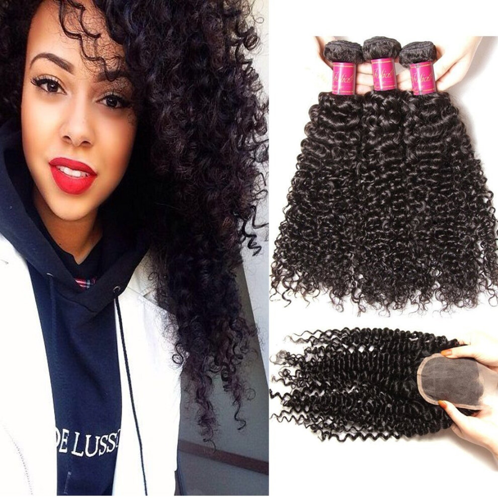 Unisex Malaysian Curly Hair Bundles With Lace Closure Virgin Human Hair Extensions Natural Color 12 14 16+10