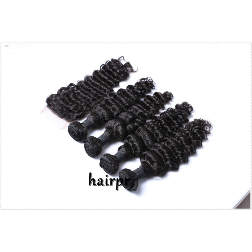 Unisex Peruvian Deep Wave Human Hair Bundles With 4X4 Lace Closure Natural Color Virgin Hair Dyeable