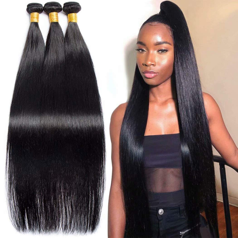 Brazilian Straight Hair Extensions 30 Inch Virgin Human Hair Bundle 1B Black Silky Texture