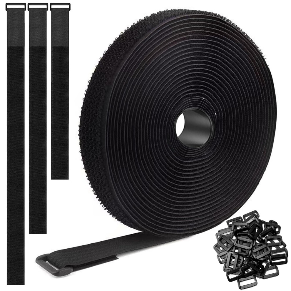 40Ft X 1' Adjustable Nylon Cable Straps With 60 Buckles, Reusable Hook And Loop Cable Ties For Cord Management, Black 9455672560788
