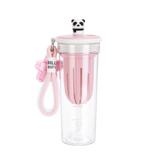Glass Bottle Cherry Panda Flower Tea Cup Sports Plastic Cup Water Cup Will Carry Rope Summer Female Cup