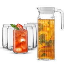 JoyJolt Glass Pitcher and Glasses Gift Set - Set of Pitcher and 6 Can Shaped Drinking Glasses