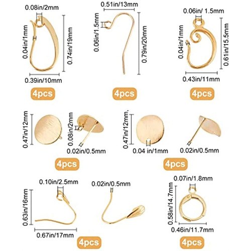 28Pcs 7 Style 18K Real Gold Plated Studs Earrings Hooks and Hoops Set with Loop 1