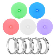 Farfi 5Pcs Silicone Waterless Fermenting Airlock Lids Covers for Wide Mouth Mason Jar (5Pcs Lids with Steel Rings)