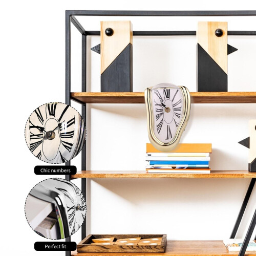 Niovtt Melting Clock Modern Surrealistic Shelf Decor Distorted Clock (Gold) 1