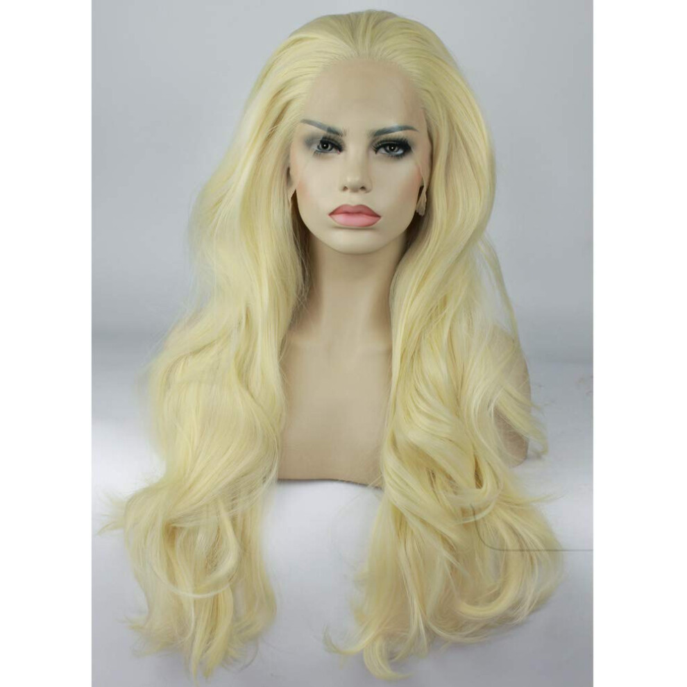Unisex Blonde Lace Front Wig 22 Inch #613 Synthetic Long Wavy Heatresistant Natural Hairline