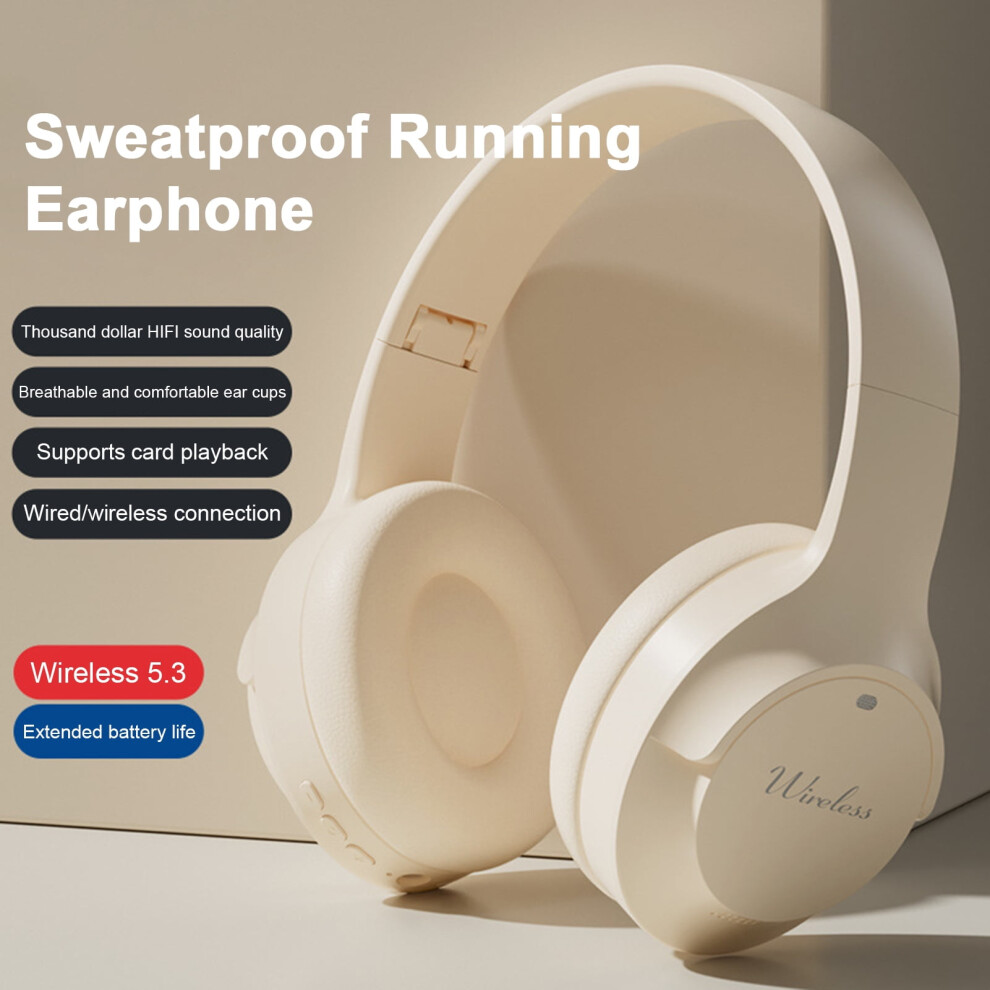 Susuchens Bluetooth-Compatible 5.3 Headphone Long Battery Life Noise Reduction Hifi Stereo Wireless Aux Headset With Mic For Music Call Beige 9353595228498
