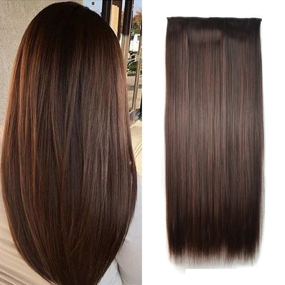 24 Inch Straight Clip in Hair Extensions 3/4 Full Head Heat Resistant Synthetic Fiber Black and Dark Auburn Brown 5 Clips 130g