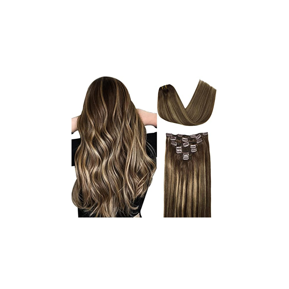 Unisex Brown 20 Inch Human Hair Extensions Clip In Remy Chocolate To Blonde Balayage Straight 7Pcs 120G