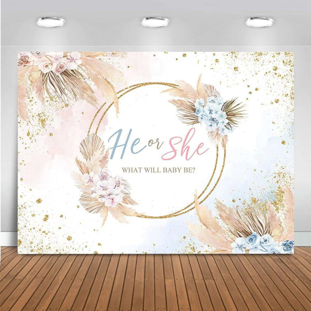 Boho Gender Reveal Backdrop He Or She Boho Flowers Baby Shower Background Bohemian Pampas Grass Party Cake Table Decorations Photo Booth 9402001806758