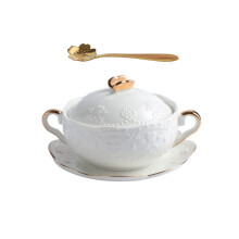 Ceramic Soup Bowl with Lid Double Ear Stew Pot for Dessert, Yogurt and Pudding Serving