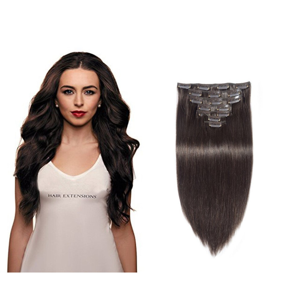 Unisex Brown Remy Human Hair Clip In Extensions Dark #2 Double Weft Full Head 16 Inch 220G