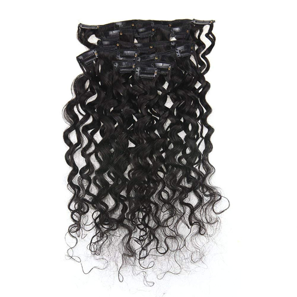 Unisex Black 16 Inch Water Wave Clip In Human Hair Extensions Natural Remy 100G Instant Length & Volume
