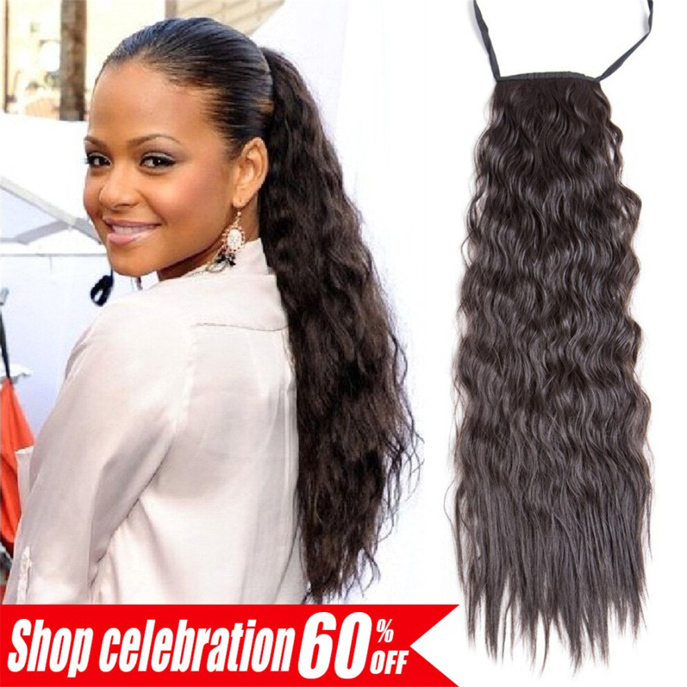 Unisex 24 Inch Kinky Straight Ponytail Extension, Synthetic Clip In Hairpiece 1B Color For Instant Volume